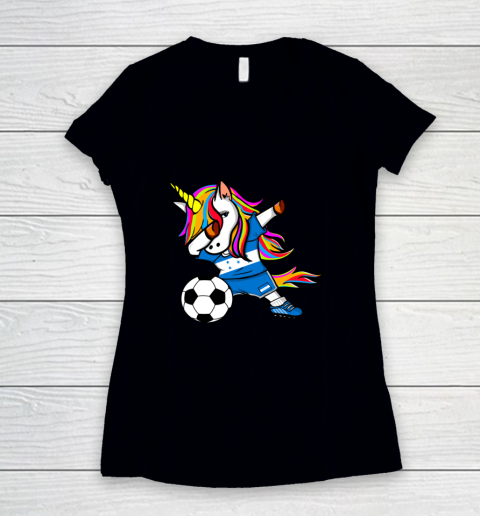 Dabbing Unicorn Honduras Football Honduran Flag Soccer Women's V-Neck T-Shirt