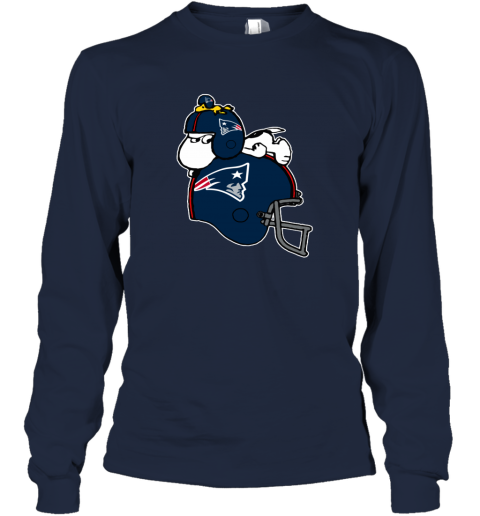 ybou snoopy and woodstock resting on new englands patriots helmet long sleeve tee 14 front navy