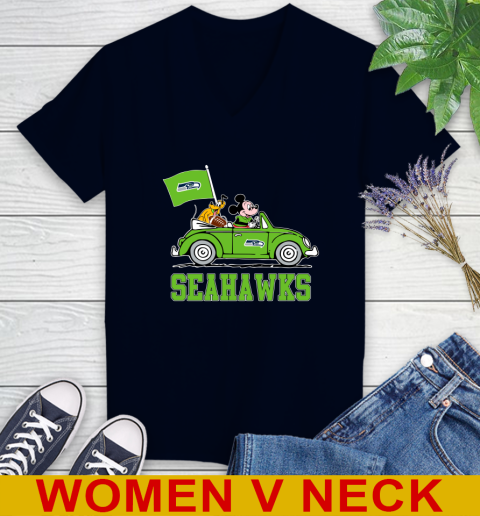 NFL Football Seattle Seahawks Pluto Mickey Driving Disney Shirt Women's V-Neck T-Shirt 3