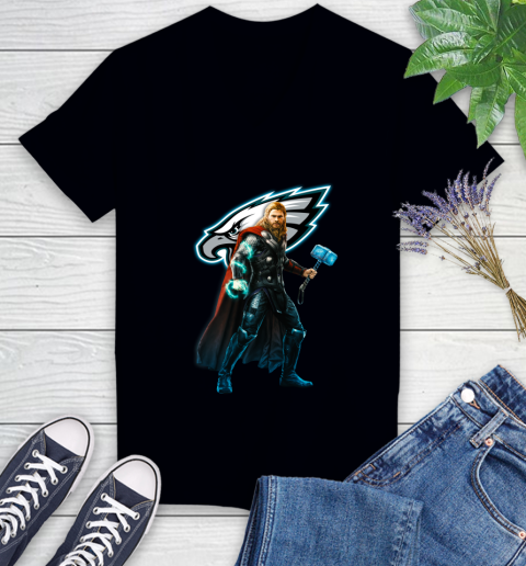 NFL Thor Avengers Endgame Football Philadelphia Eagles Women's V-Neck T-Shirt 2