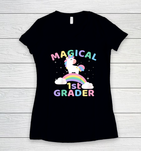 Back To School 1st First Grade Magical Unicorn Rainbow Women's V-Neck T-Shirt
