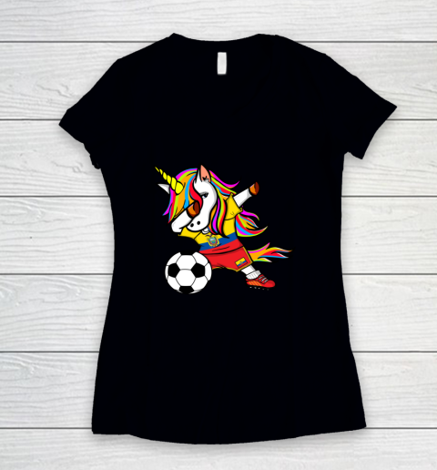 Dabbing Unicorn Ecuador Football Ecuadorean Flag Soccer Women's V-Neck T-Shirt