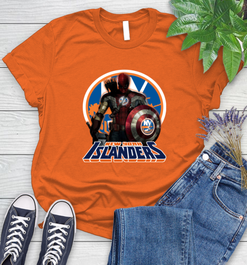 NHL Captain America Thor Spider Man Hawkeye Avengers Endgame Hockey New York Islanders Women's T-Shirt 4