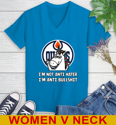 Edmonton Oilers NHL Hockey Unicorn I'm Not Anti Hater I'm Anti Bullshit Women's V-Neck T-Shirt 8