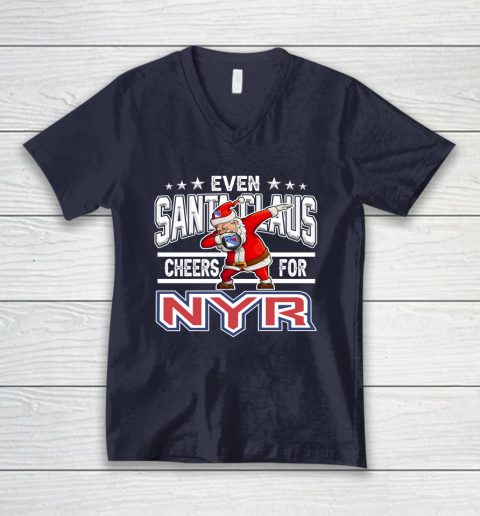 New York Rangers Even Santa Claus Cheers For Christmas NHL V-Neck T-Shirt 2