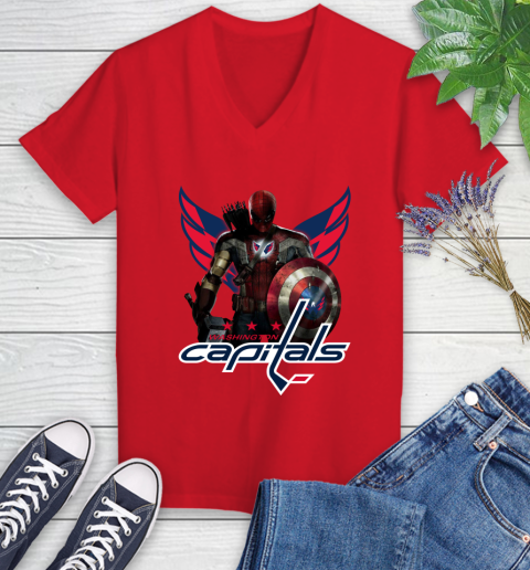 NHL Captain America Thor Spider Man Hawkeye Avengers Endgame Hockey Washington Capitals Women's V-Neck T-Shirt 12
