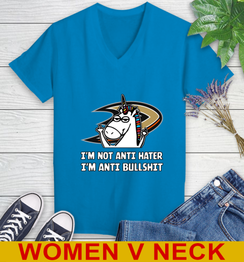 Anaheim Ducks NHL Hockey Unicorn I'm Not Anti Hater I'm Anti Bullshit Women's V-Neck T-Shirt 8