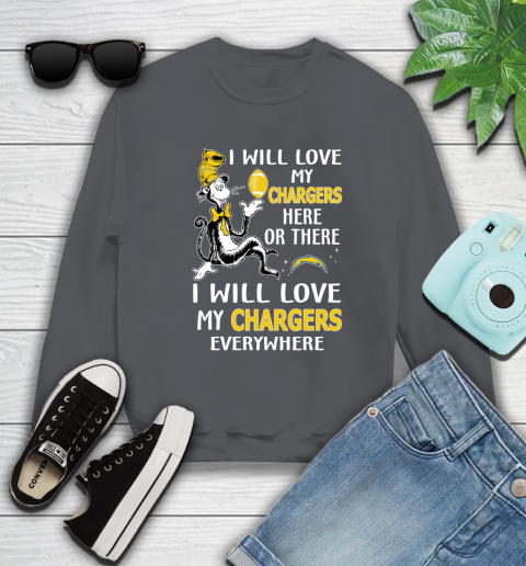 NFL Football Los Angeles Chargers I Will Love My Chargers Everywhere Dr Seuss Shirt Sweatshirt 6