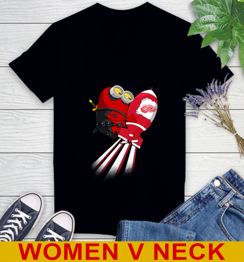 NHL Hockey Detroit Red Wings Deadpool Minion Marvel Shirt Women's V-Neck T-Shirt