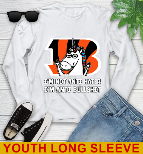 Cincinnati Bengals NFL Football Unicorn I'm Not Anti Hater I'm Anti Bullshit Youth Long Sleeve