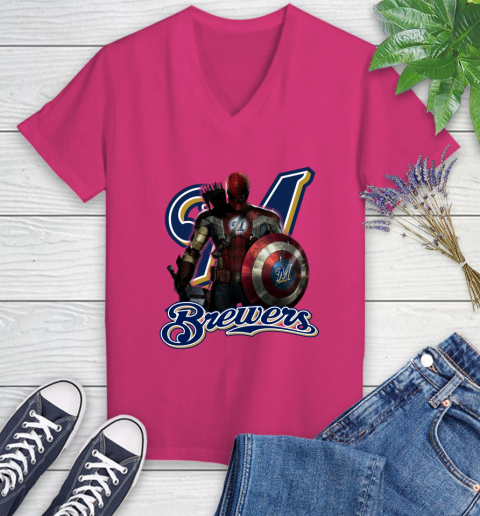 MLB Captain America Thor Spider Man Hawkeye Avengers Endgame Baseball Milwaukee Brewers Women's V-Neck T-Shirt 9