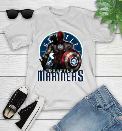MLB Captain America Thor Spider Man Hawkeye Avengers Endgame Baseball Seattle Mariners Youth T-Shirt