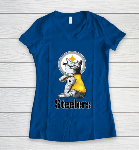 NFL Football My Cat Loves Pittsburgh Steelers Women's V-Neck T-Shirt 7