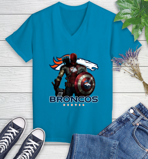 NFL Captain America Thor Spider Man Hawkeye Avengers Endgame Football Denver Broncos Women's V-Neck T-Shirt 7