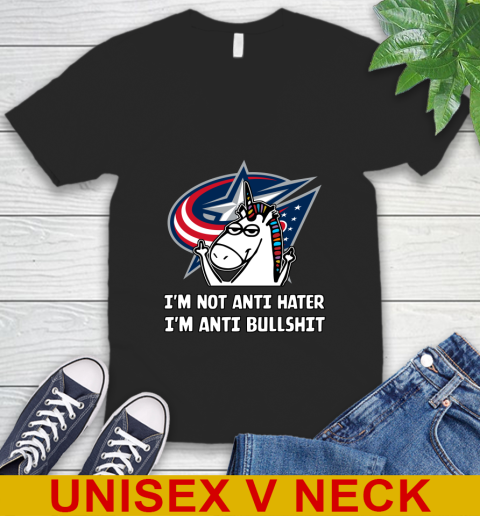 Columbus Blue Jackets NHL Hockey Unicorn I'm Not Anti Hater I'm Anti Bullshit V-Neck T-Shirt 2