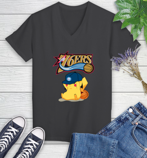 NBA Pikachu Basketball Sports Philadelphia 76ers Women's V-Neck T-Shirt 8