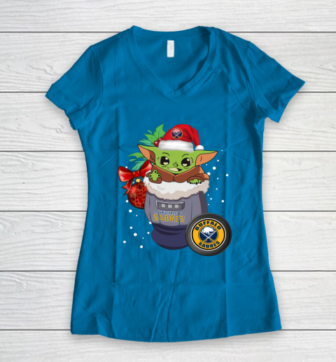 Buffalo Sabres Christmas Baby Yoda Star Wars Funny Happy NHL Women's V-Neck T-Shirt 7