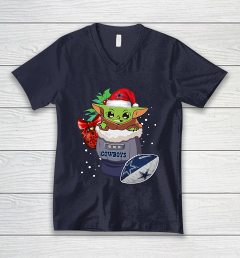 Dallas Cowboys Christmas Baby Yoda Star Wars Funny Happy NFL V-Neck T-Shirt 3