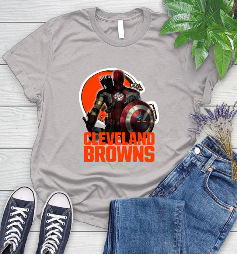 NFL Captain America Thor Spider Man Hawkeye Avengers Endgame Football Cleveland Browns Women's T-Shirt 10