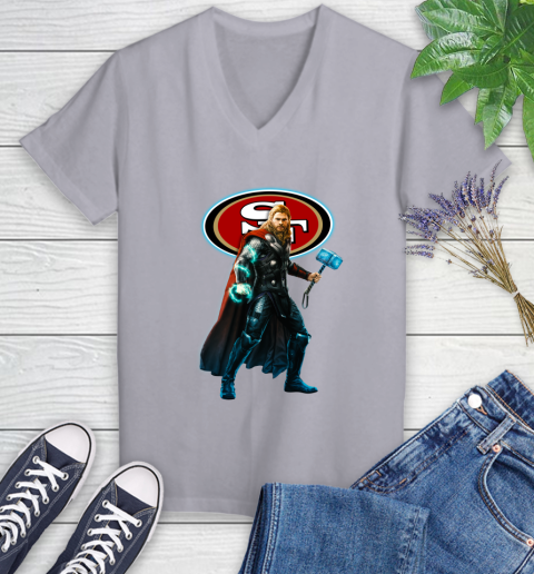 NFL Thor Avengers Endgame Football San Francisco 49ers Women's V-Neck T-Shirt 4
