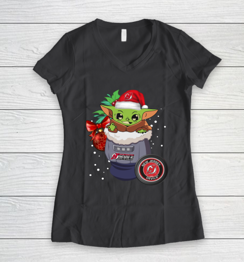 New Jersey Devils Christmas Baby Yoda Star Wars Funny Happy NHL Women's V-Neck T-Shirt 8