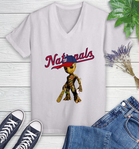 MLB Washington Nationals Groot Guardians Of The Galaxy Baseball Women's V-Neck T-Shirt