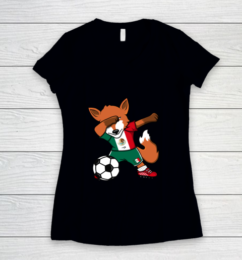 Dabbing Fox Mexico Soccer Fans Jersey Mexican Football Lover Women's V-Neck T-Shirt