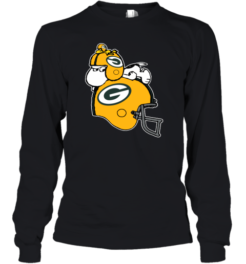 Snoopy And Woodstock Resting On Green Bay Packers Helmet Youth Long Sleeve