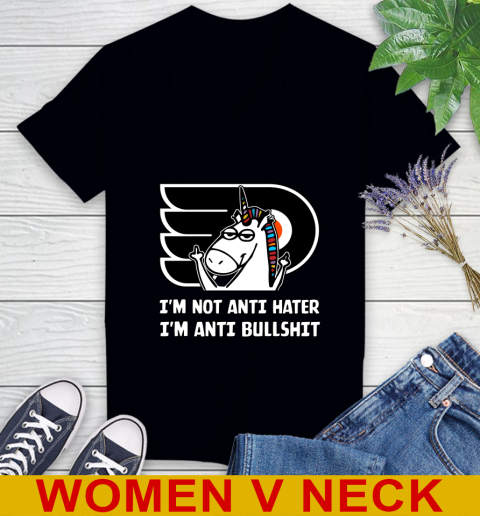 Philadelphia Flyers NHL Hockey Unicorn I'm Not Anti Hater I'm Anti Bullshit Women's V-Neck T-Shirt 3 Philadelphia Flyers NHL Hockey Unicorn I'm Not Anti Hater I'm Anti Bullshit Women's V-Neck T-Shirt - Image 3