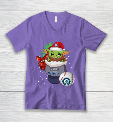 Seattle Mariners Christmas Baby Yoda Star Wars Funny Happy MLB V-Neck T-Shirt 9
