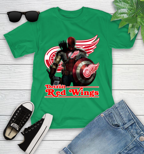 NHL Captain America Thor Spider Man Hawkeye Avengers Endgame Hockey Detroit Red Wings Youth T-Shirt 6