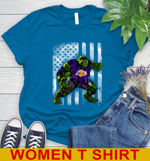 Los Angeles Lakers Hulk Marvel Avengers NBA Basketball American Flag Women's T-Shirt 8