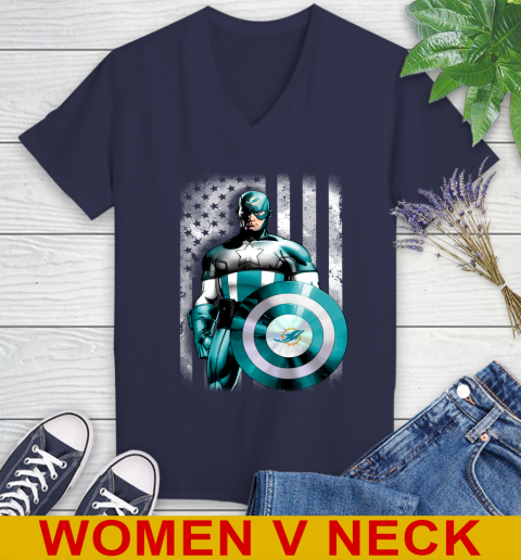 Miami Dolphins NFL Football Captain America Marvel Avengers American Flag Shirt Women's V-Neck T-Shirt 12