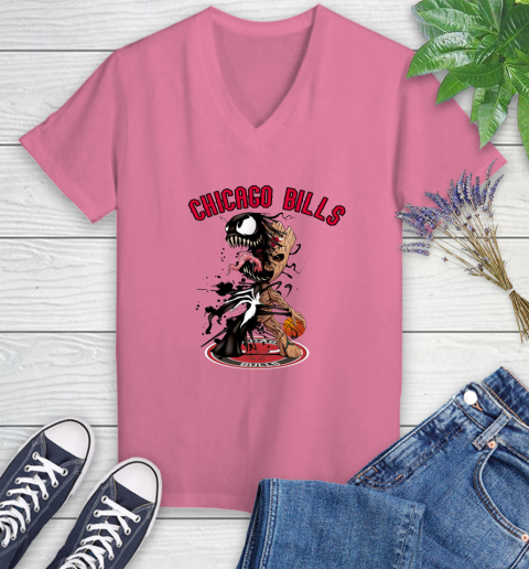 NBA Chicago Bulls Basketball Venom Groot Guardians Of The Galaxy Women's V-Neck T-Shirt 13