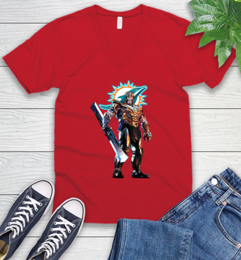 NFL Thanos Gauntlet Avengers Endgame Football Miami Dolphins V-Neck T-Shirt 7