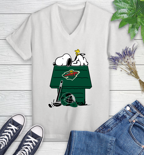 Minnesota Wild NHL Hockey Snoopy Woodstock The Peanuts Movie Women's V-Neck T-Shirt