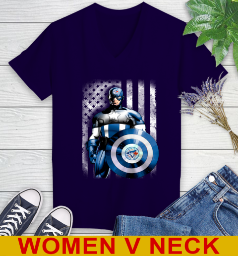 Toronto Blue Jays MLB Baseball Captain America Marvel Avengers American Flag Shirt Women's V-Neck T-Shirt 3