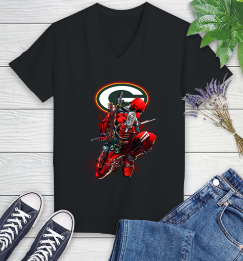NFL Deadpool Marvel Comics Sports Football Green Bay Packers Women's V-Neck T-Shirt 2