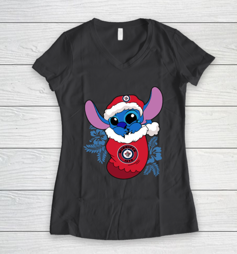 Winnipeg Jets Christmas Stitch In The Sock Funny Disney NHL Women's V-Neck T-Shirt 8