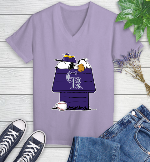 MLB Colorado Rockies Snoopy Woodstock The Peanuts Movie Baseball T Shirt Women's V-Neck T-Shirt 14