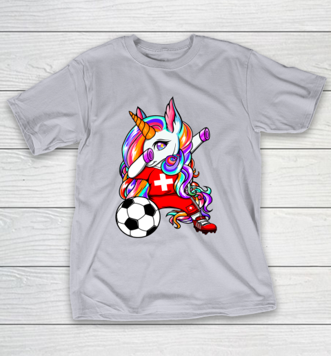 Dabbing Unicorn Switzerland Soccer Fans Jersey Flag Football T-Shirt 18
