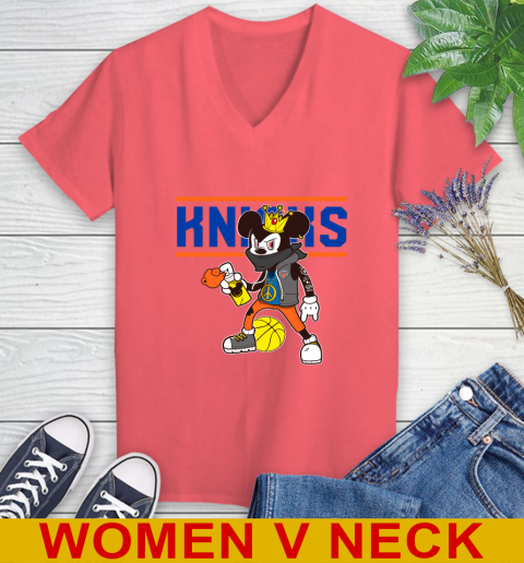 New York Knicks NBA Basketball Mickey Peace Sign Sports Women's V-Neck T-Shirt 7