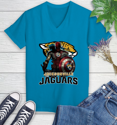 NFL Captain America Thor Spider Man Hawkeye Avengers Endgame Football Jacksonville Jaguars Women's V-Neck T-Shirt 7