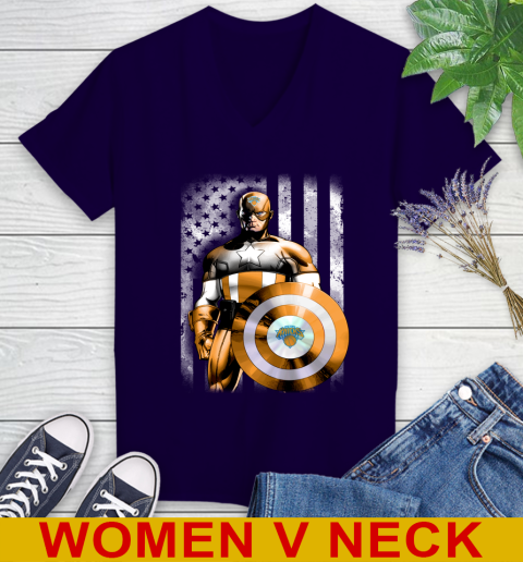 New York Knicks NBA Basketball Captain America Marvel Avengers American Flag Shirt Women's V-Neck T-Shirt 3