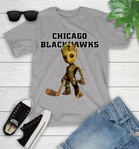 Chicago Blackhawks NHL Hockey Groot Marvel Guardians Of The Galaxy Youth T-Shirt 4