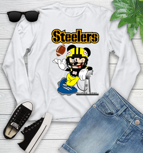 NFL Pittsburgh Steelers Mickey Mouse Disney Super Bowl Football T Shirt Youth Long Sleeve