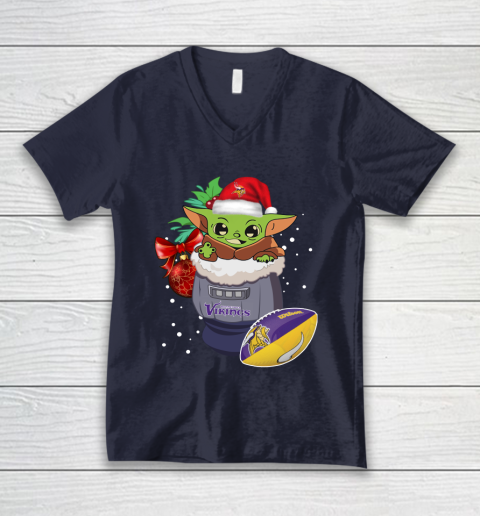 Minnesota Vikings Christmas Baby Yoda Star Wars Funny Happy NFL V-Neck T-Shirt 3