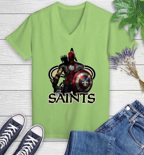 NFL Captain America Thor Spider Man Hawkeye Avengers Endgame Football New Orleans Saints Women's V-Neck T-Shirt 11
