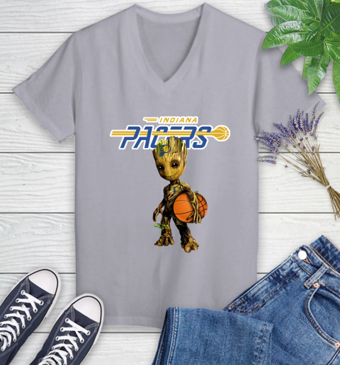Indiana Pacers NBA Basketball Groot Marvel Guardians Of The Galaxy Women's V-Neck T-Shirt 4