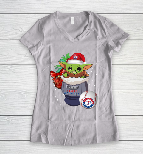 Texas Rangers Christmas Baby Yoda Star Wars Funny Happy MLB Women's V-Neck T-Shirt 2